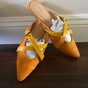 Vegan suede, mustard yellow mules.
